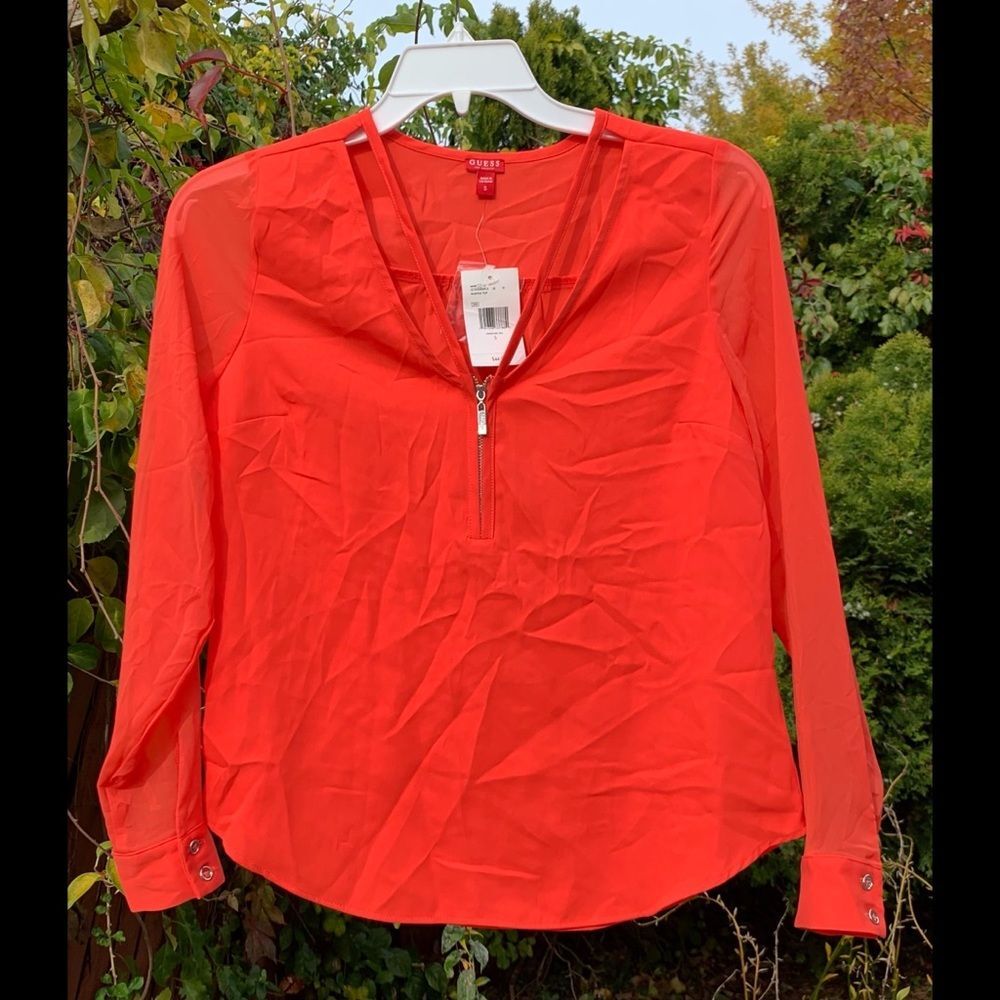 Guess Red Orange Sheer Zip Front Blouse Long Sleeve Women’s Size Small Y2K NWT